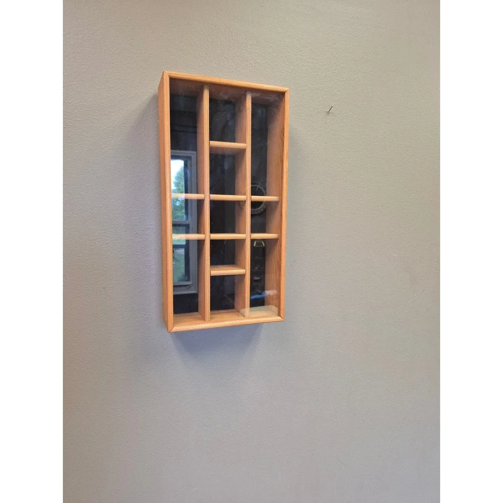 Vintage Tannery Lane Wood Shadow Box Curio Glass Display Case MCM Wall Shelf
